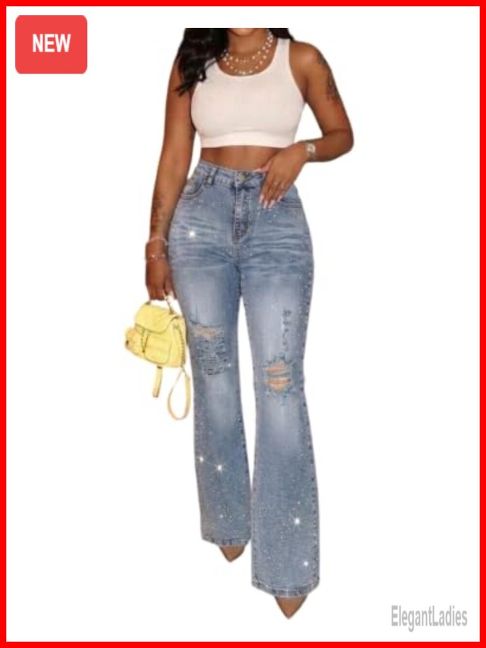 Rhinestone Distressed Ripped Bell Bottom Flare Jeans High Waist Y2K